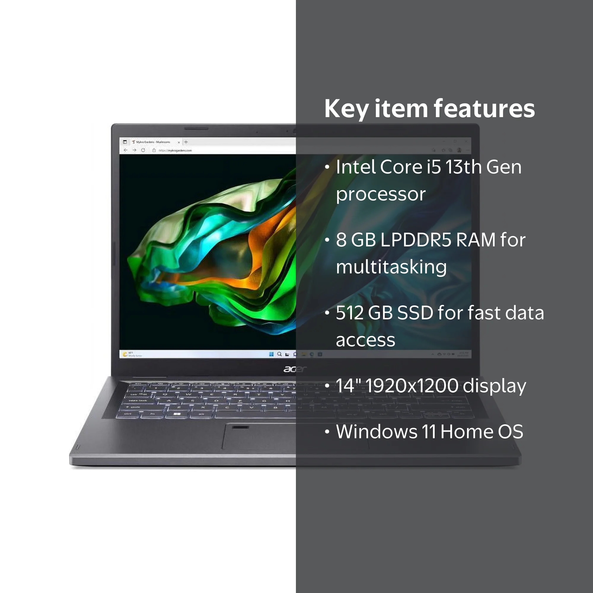 Acer Aspire 5 Laptop, Intel Core i5 13th Gen, 8 GB LPDDR5, 512 GB