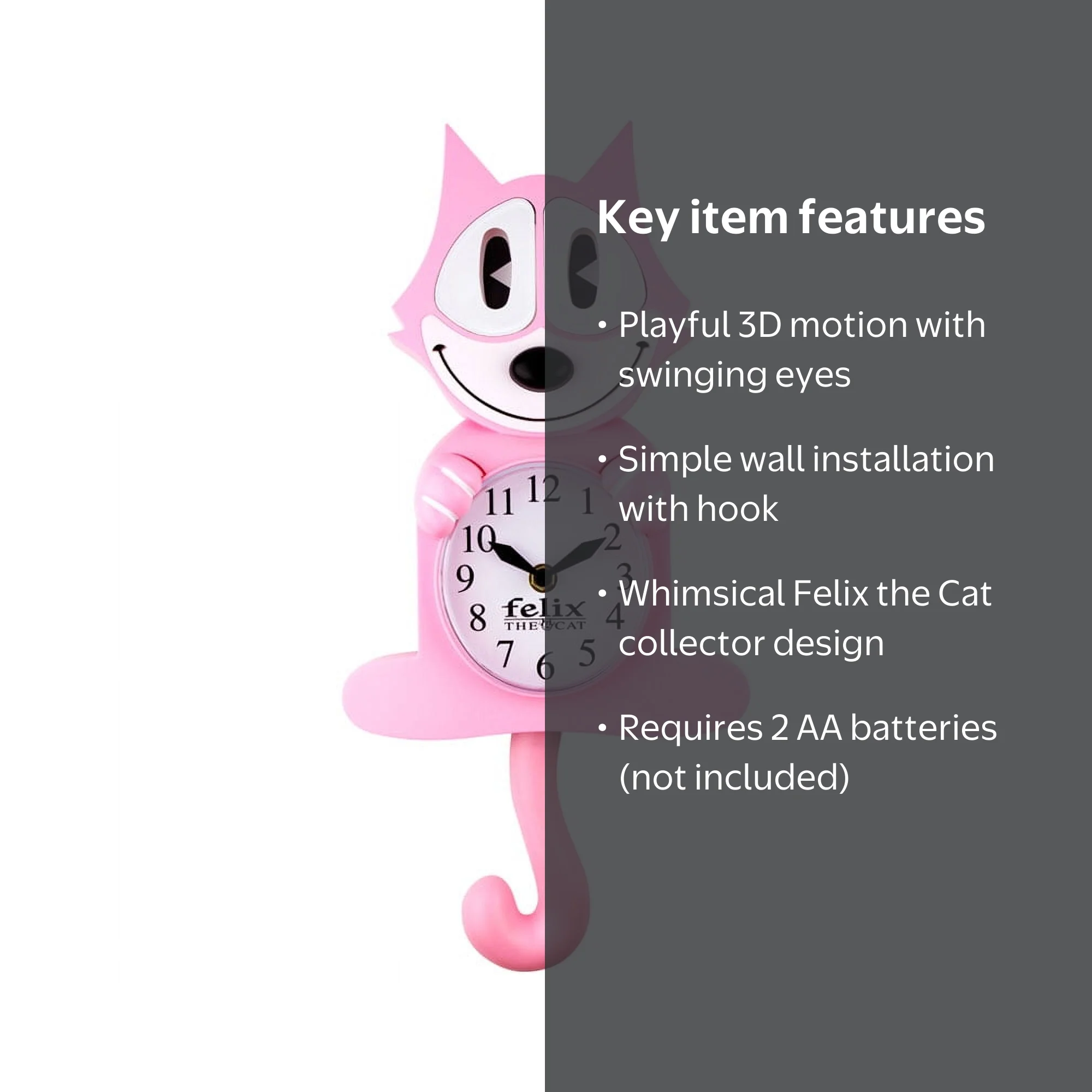 Betty Boop Pink Felix The Cat 3-D Motion Clock with Swinging Eyes