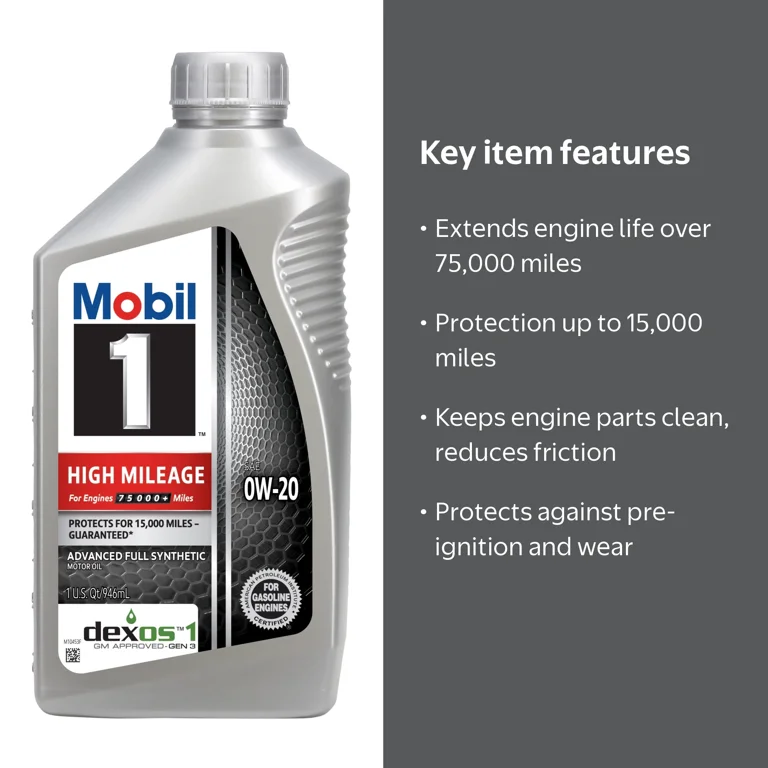 Mobil 1 High Mileage Full Synthetic Motor Oil 0W-20, 1 Quart