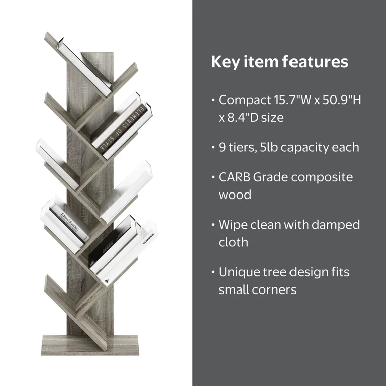 Furinno Tree Bookshelf 9-Tier Floor Standing Tree Bookcase, French