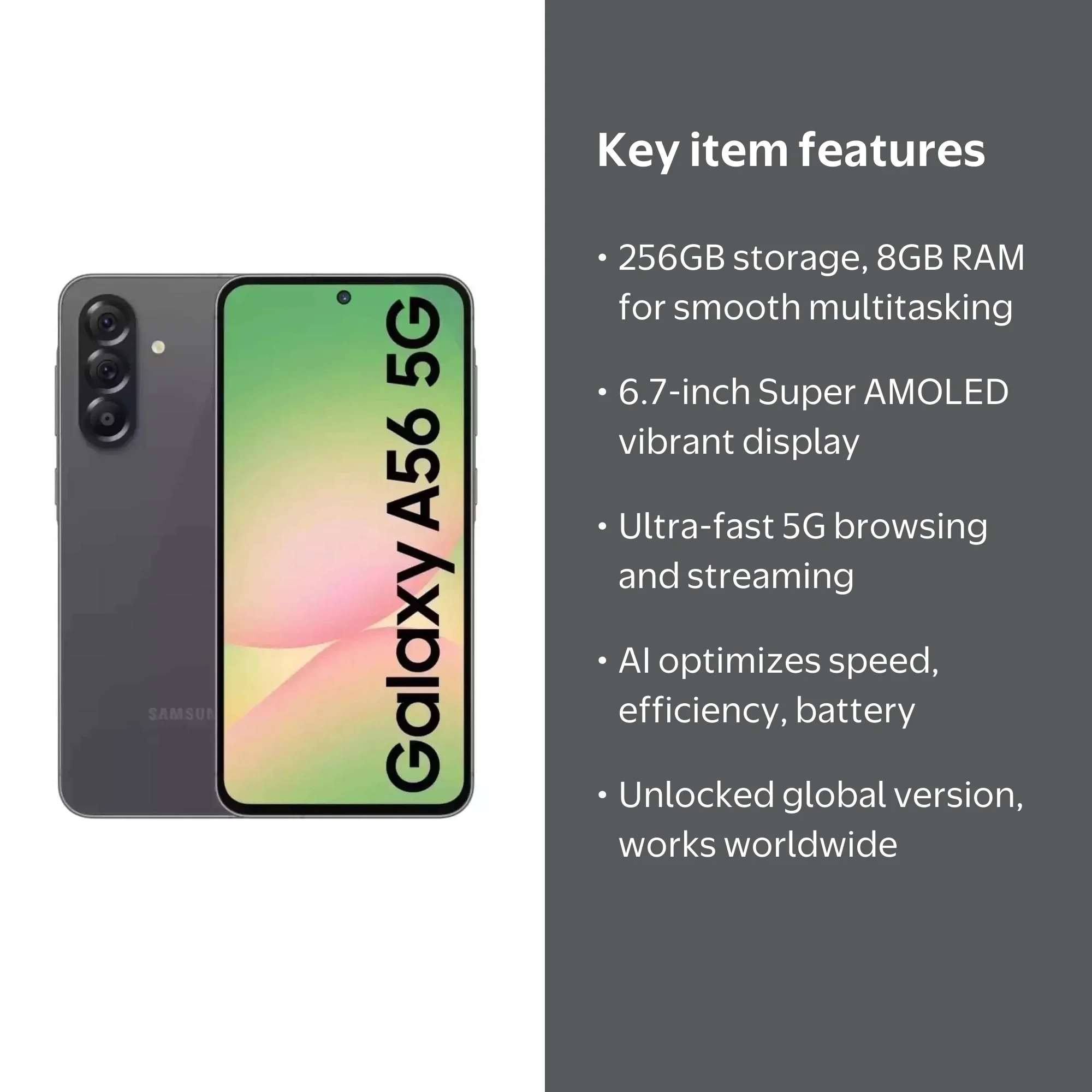 Samsung Galaxy A56 5G AI, 256GB+8GB RAM, Android Smartphone