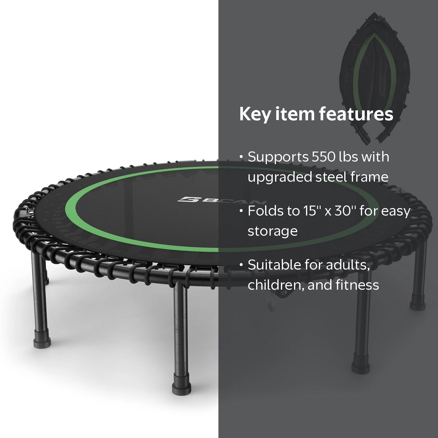 BCAN Opvouwbare mini-trampoline, 40/48 inch, max. belasting: 350 lbs/320 lbs, fitness rebounder, oefentrampoline voor volwassenen, indoor/tuin workout