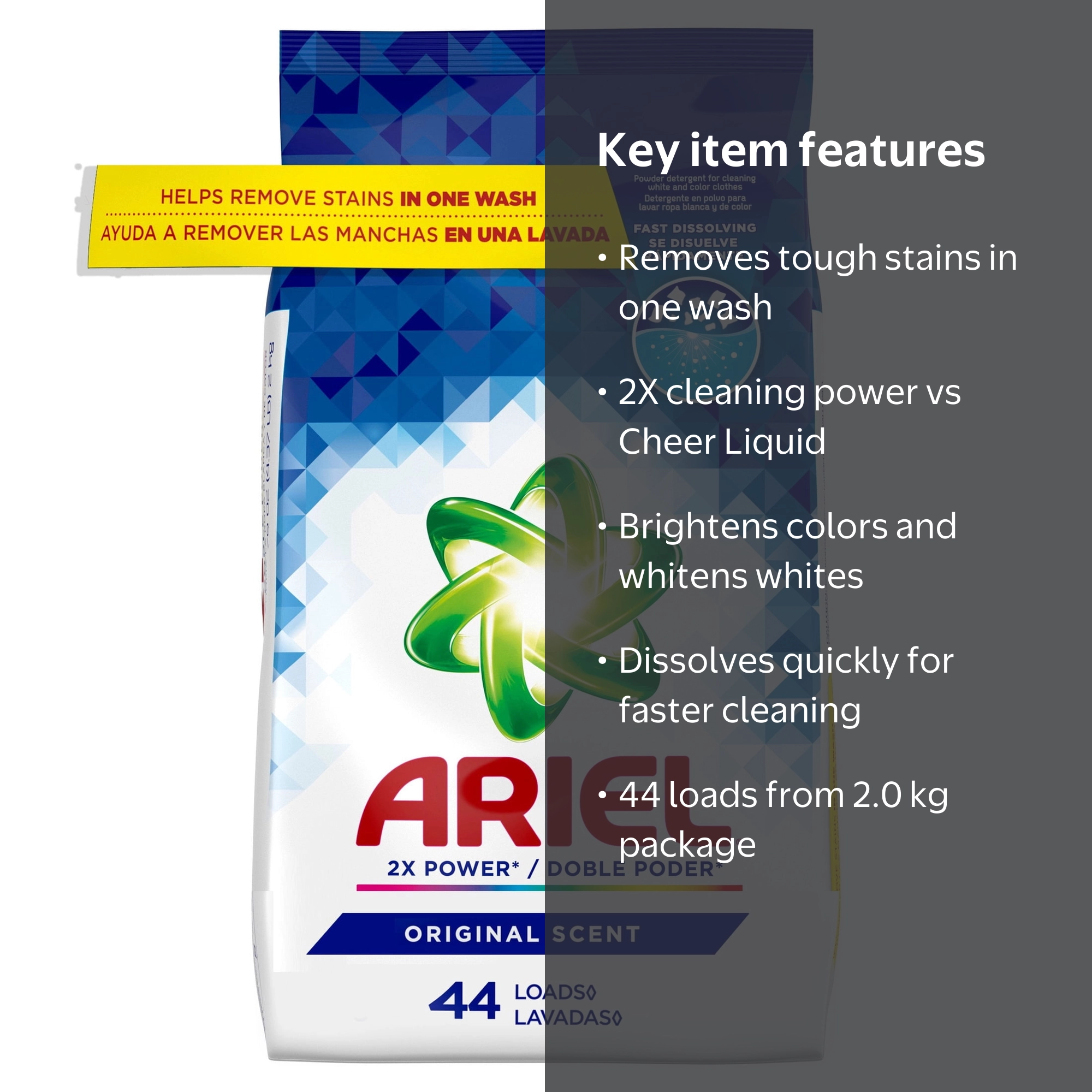 Ariel Laundry Detergent Powder, Original Scent, 70 oz, 44 Loads