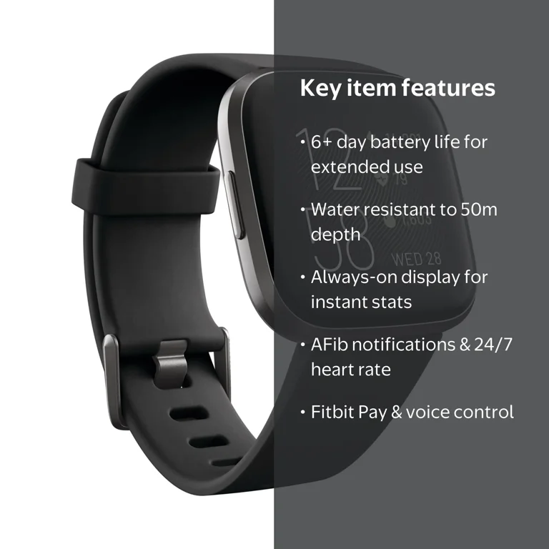 Fitbit Versa 2 Health & Fitness Smartwatch, Black/Carbon Aluminum