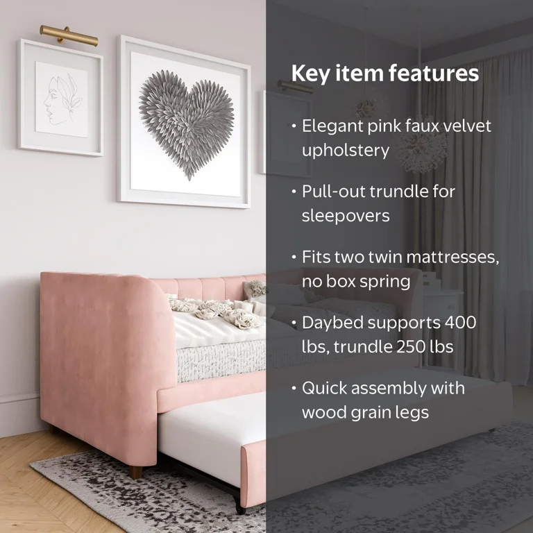 Little Seeds Valentina Upholstered Daybed with Trundle, Twin, Pink