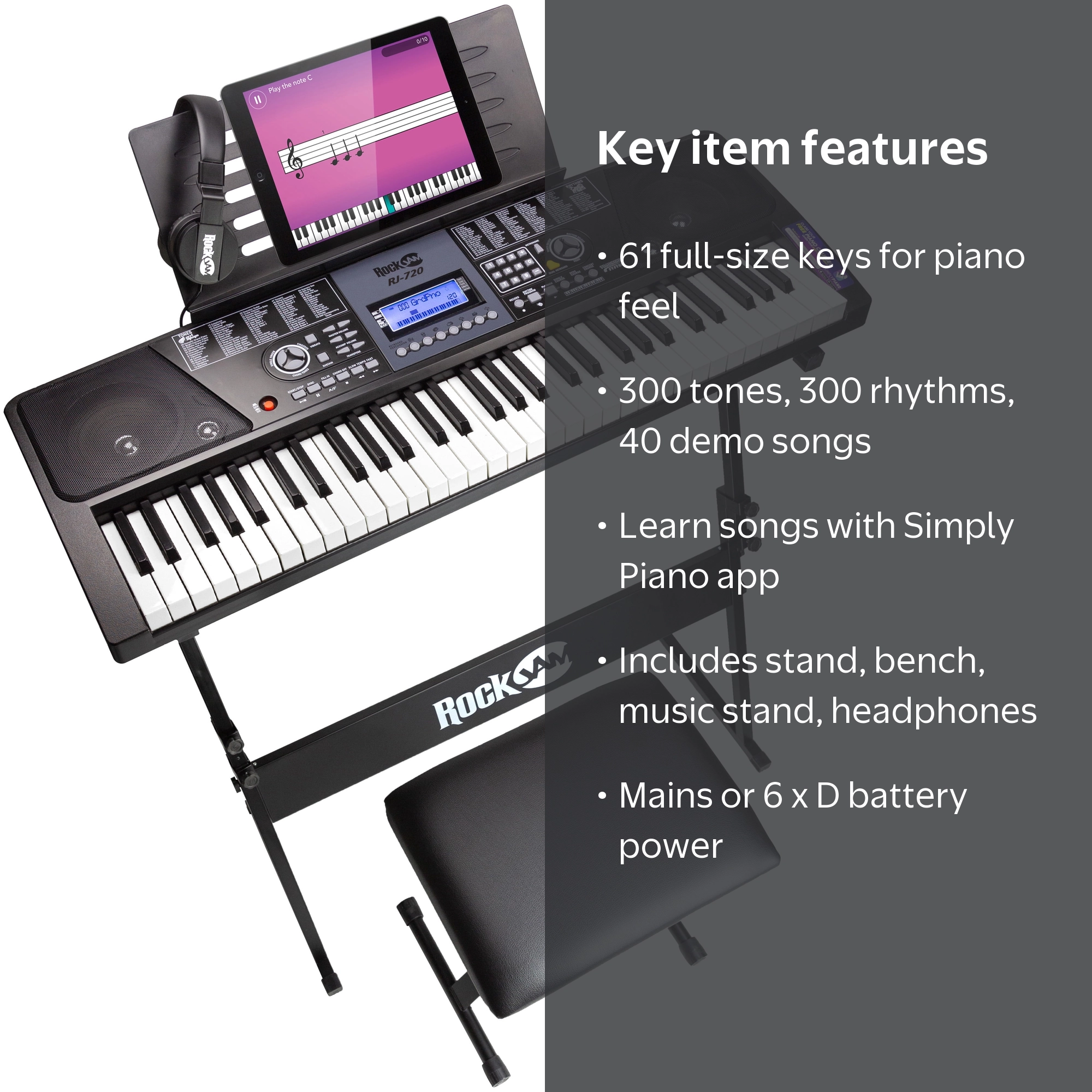Rockjam 61-Key Digital Keyboard Piano Kit with Stand, Bench, Music