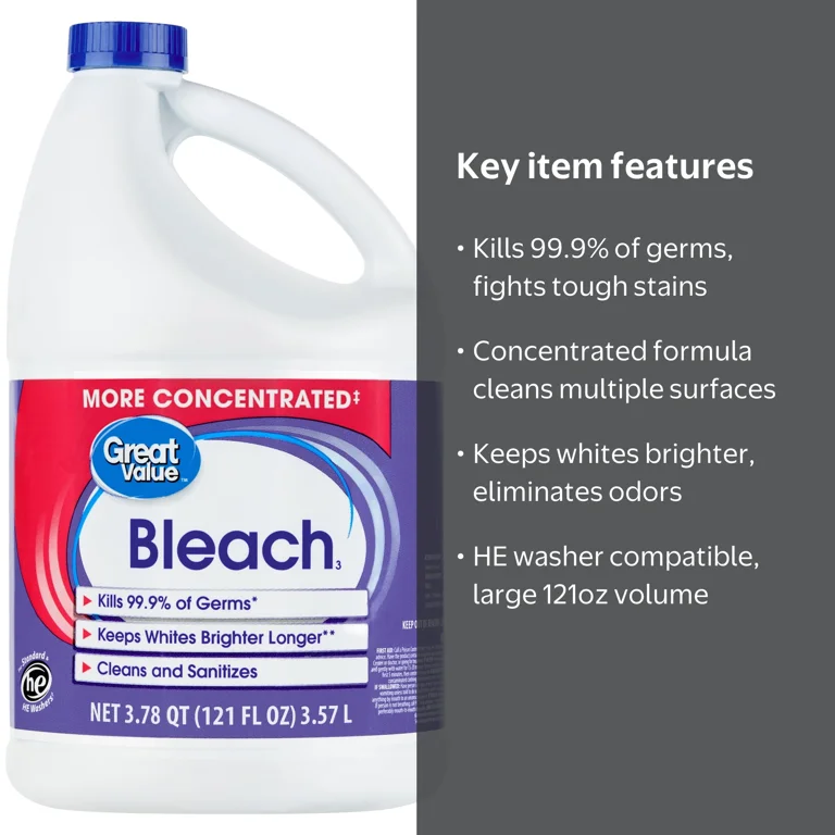 Great Value Bleach, 121 fl oz, disinfects and sanitizes household