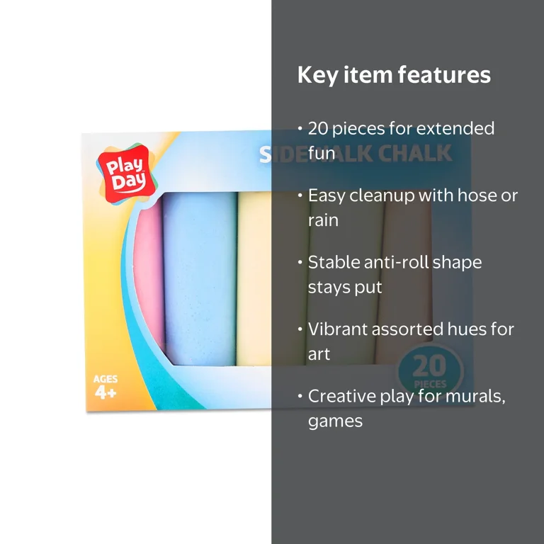Play Day Sidewalk Chalk, 20 Pieces, Assorted Colors, Anti-Roll