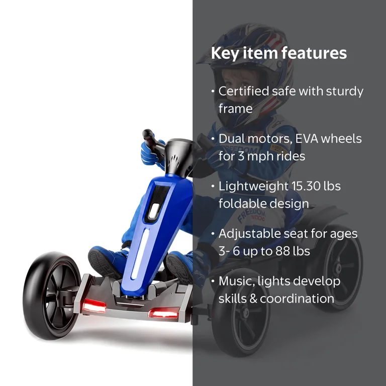 iYofe, 12V Electric Kids Go Kart, Foldable Blue Ride-On with