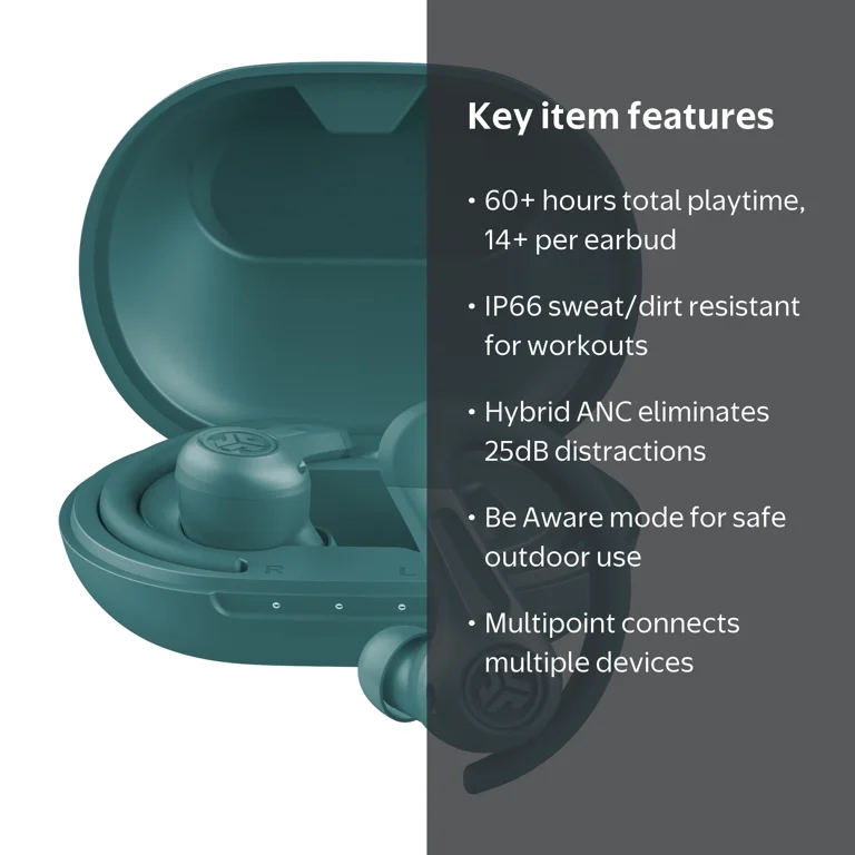 JLab, JBuds Sport ANC 4 True Wireless Earbuds, Teal, Hybrid ANC