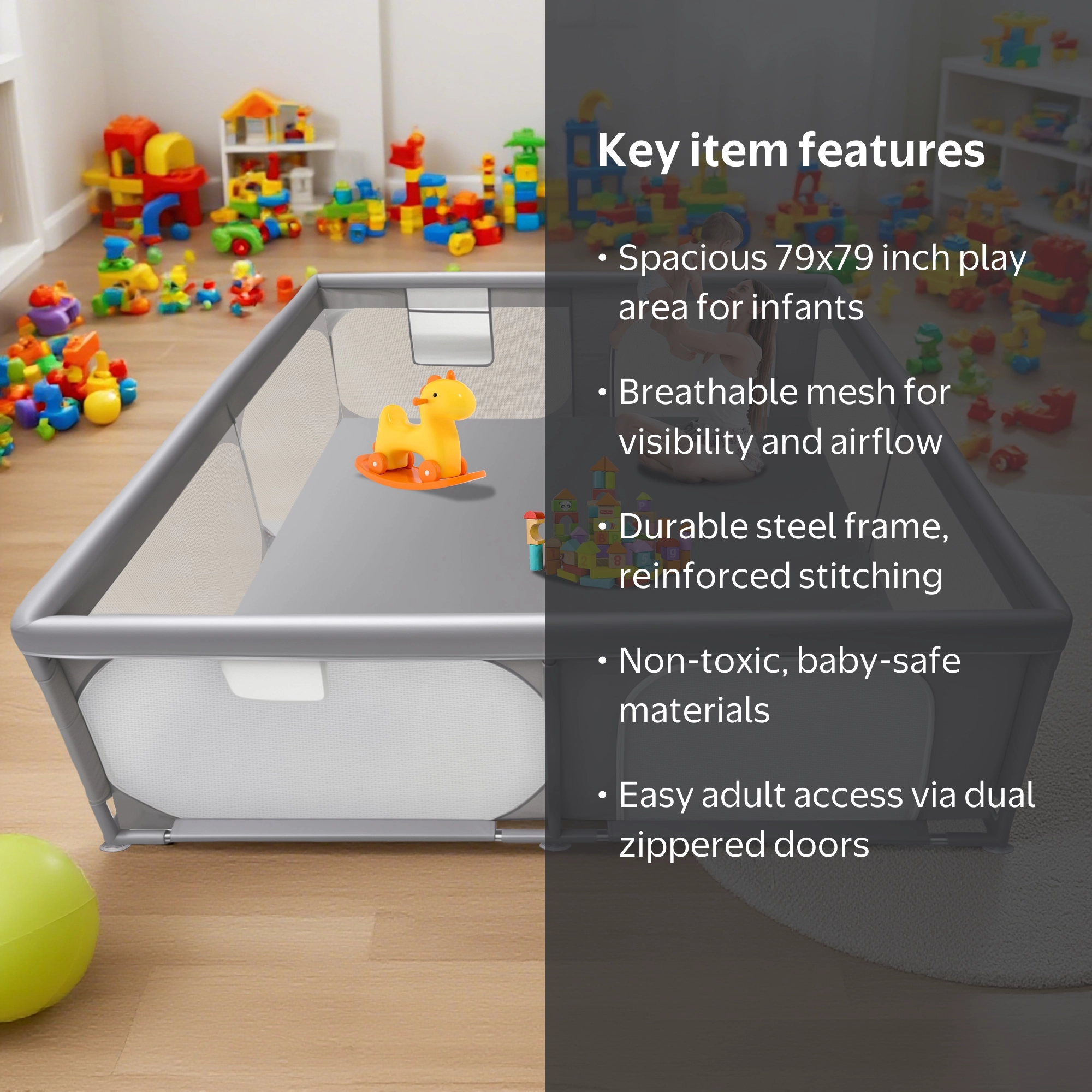 XDMTWLKJ, Baby Playpen, 79x79 in, Gray, Foldable Mesh - Walmart.com