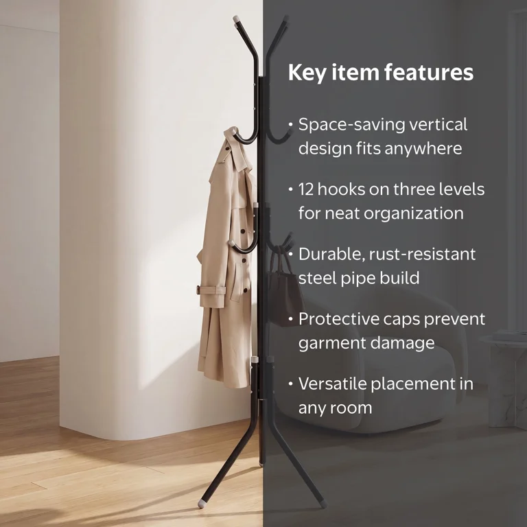 Large Freestanding Metal Coat Rack, Steel Hanger for Jackets, 68.9