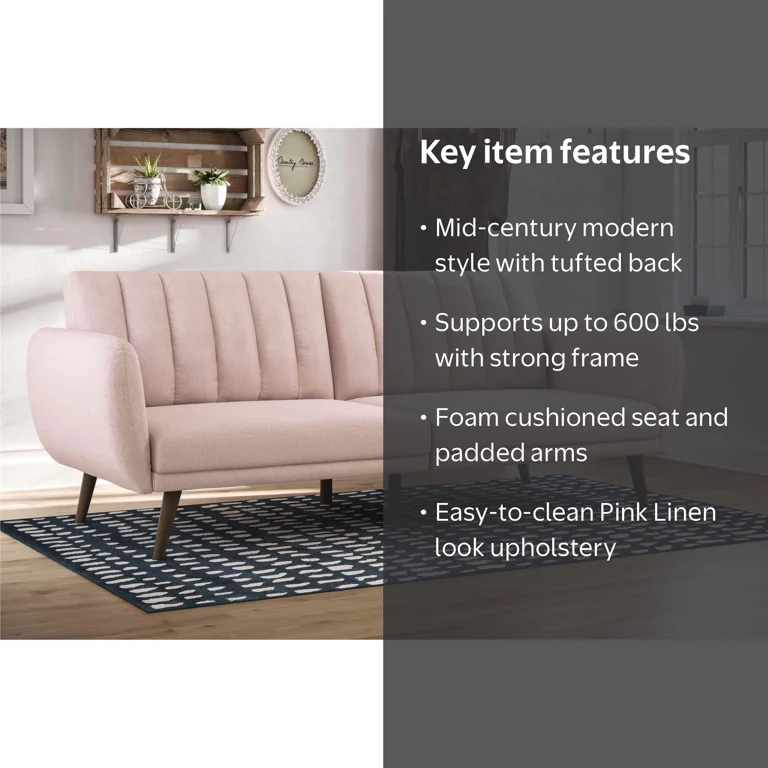 Novogratz Brittany Tufted Split-Back Couch Sofa Bed, Pink Linen