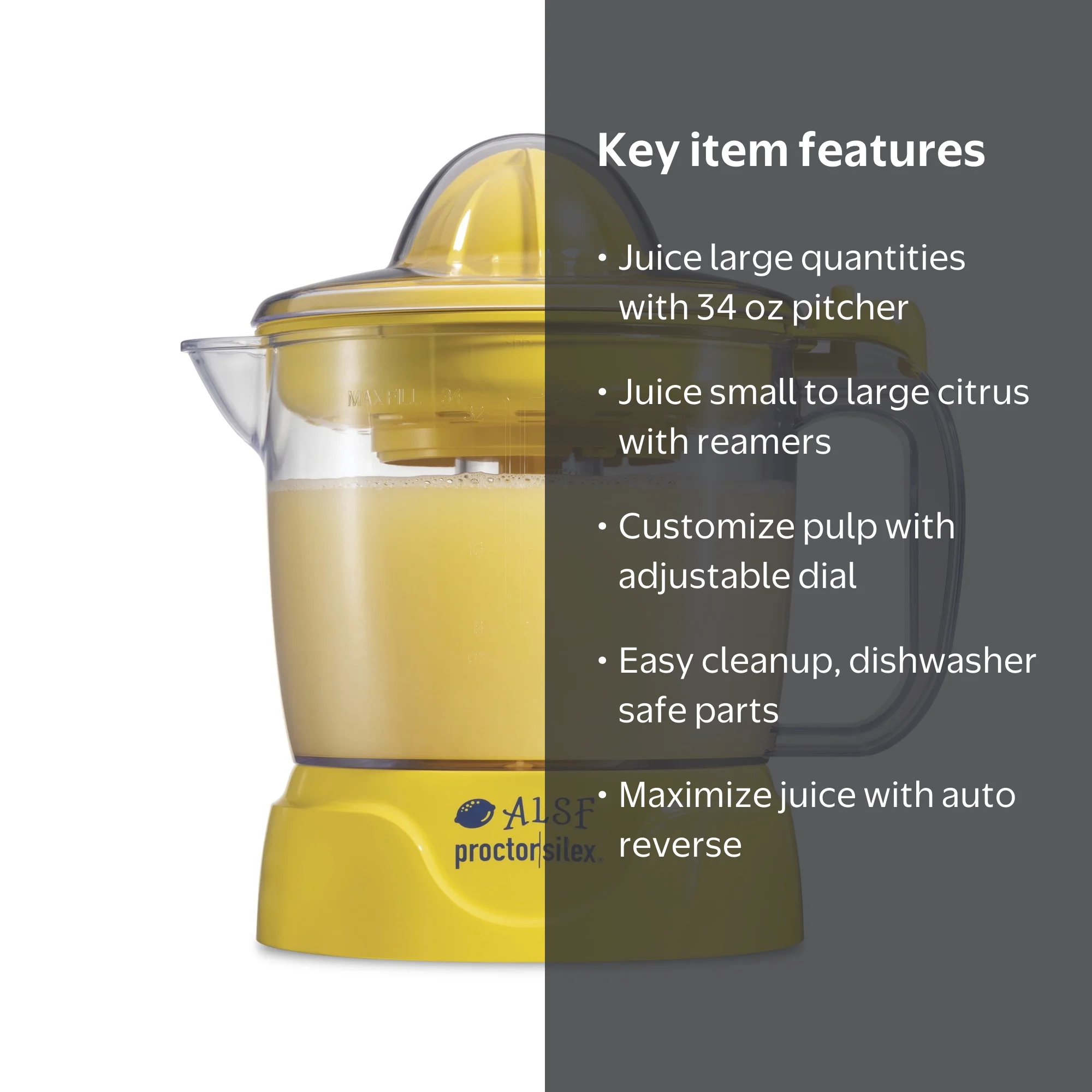 Proctor Silex Electric Citrus Juicer, 34 oz, 2 Reamers, Supports