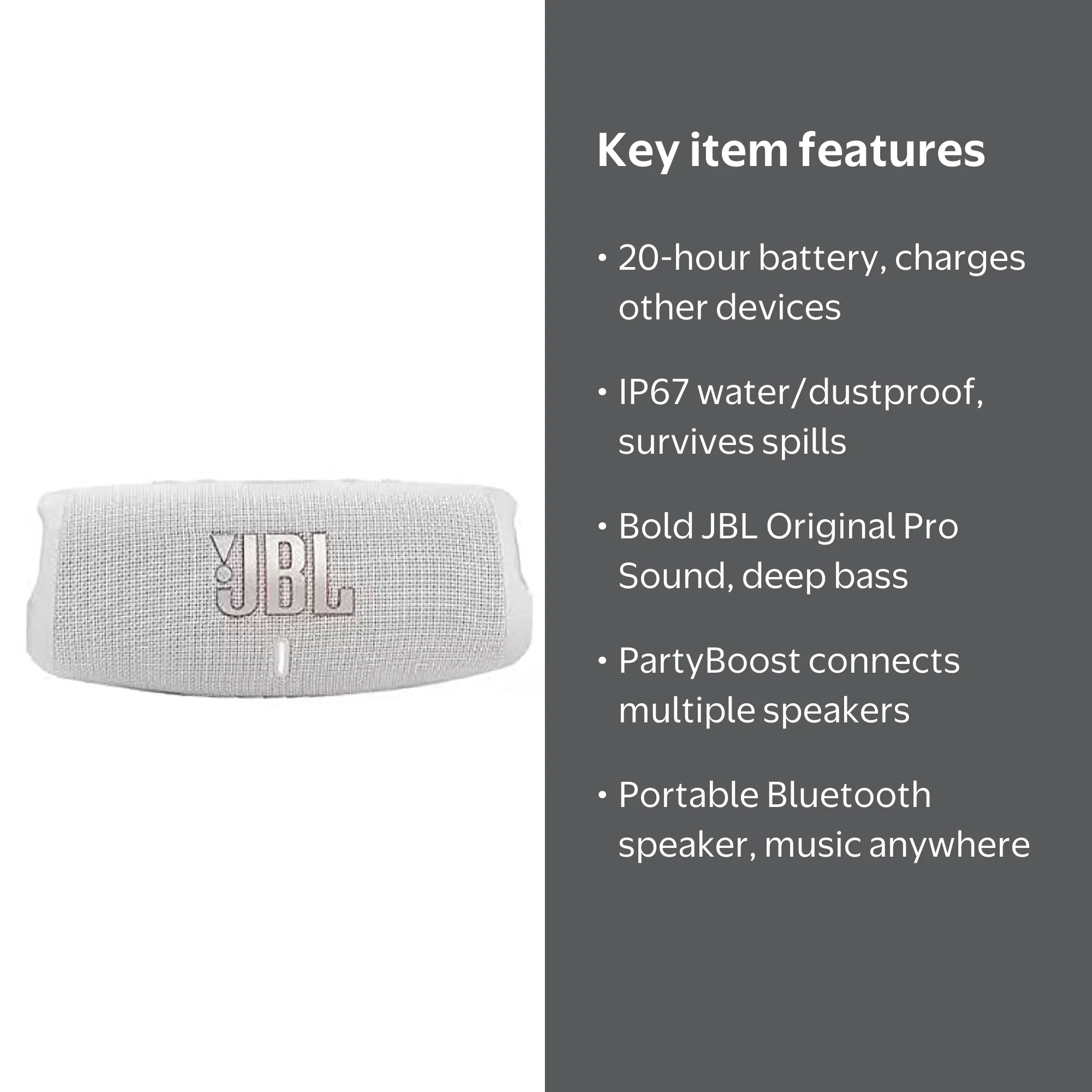 JBL, Charge 5 Portable Bluetooth Speaker, Waterproof IP67, White