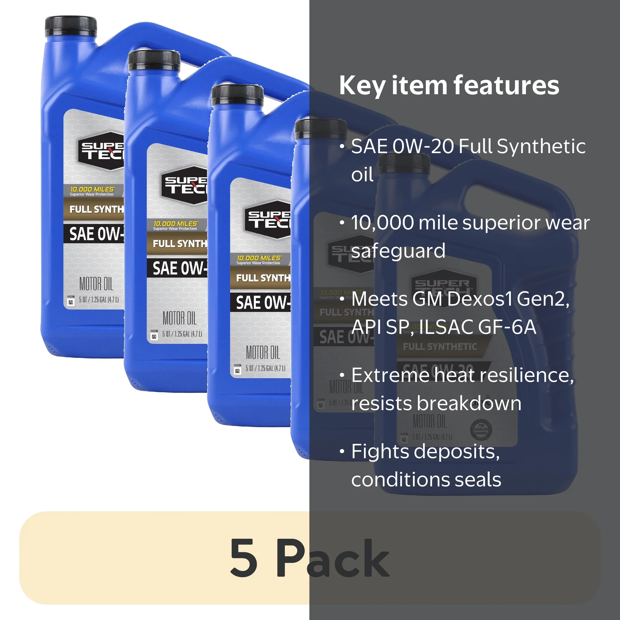 5 pack) Super Tech Full Synthetic SAE 0W-20 Motor Oil, 5 Quarts