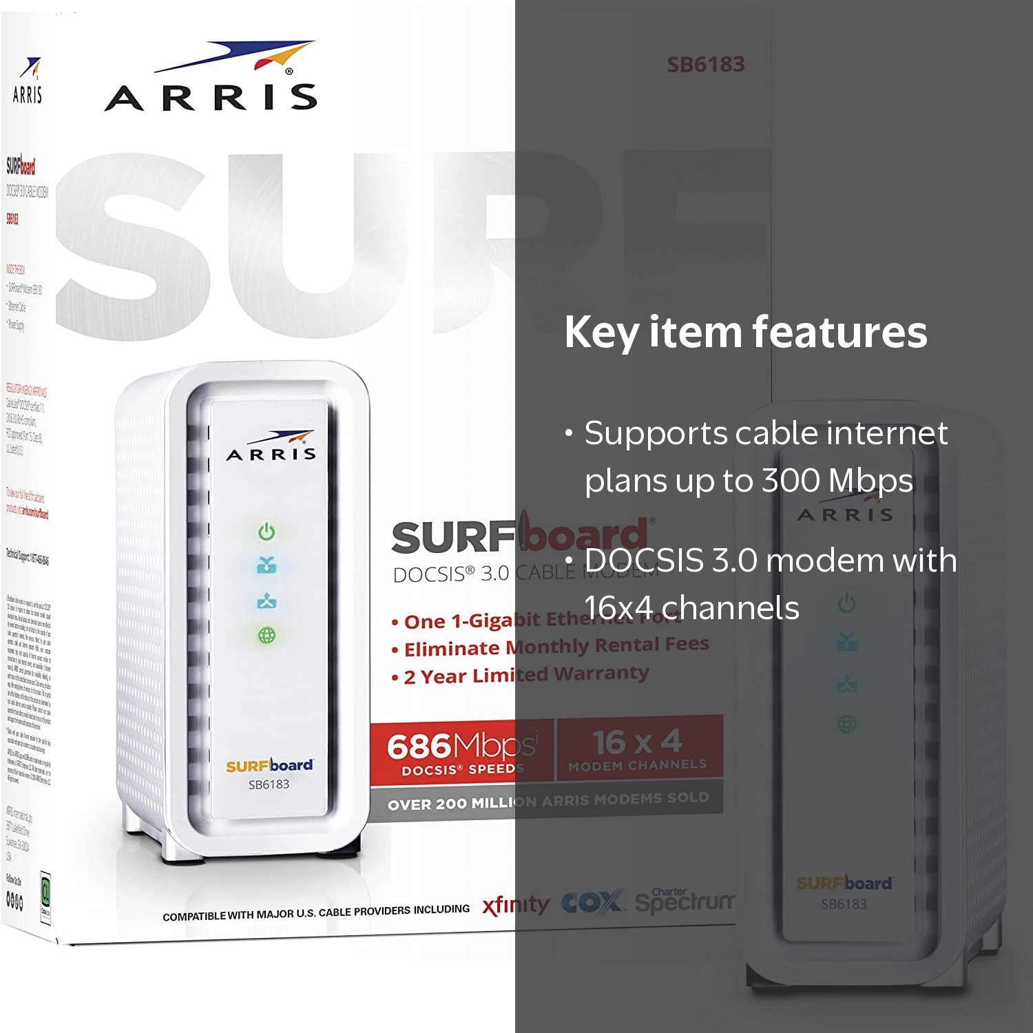 ARRIS, SURFboard Cable Modem, SB6183, 16x4 DOCSIS 3.0 White