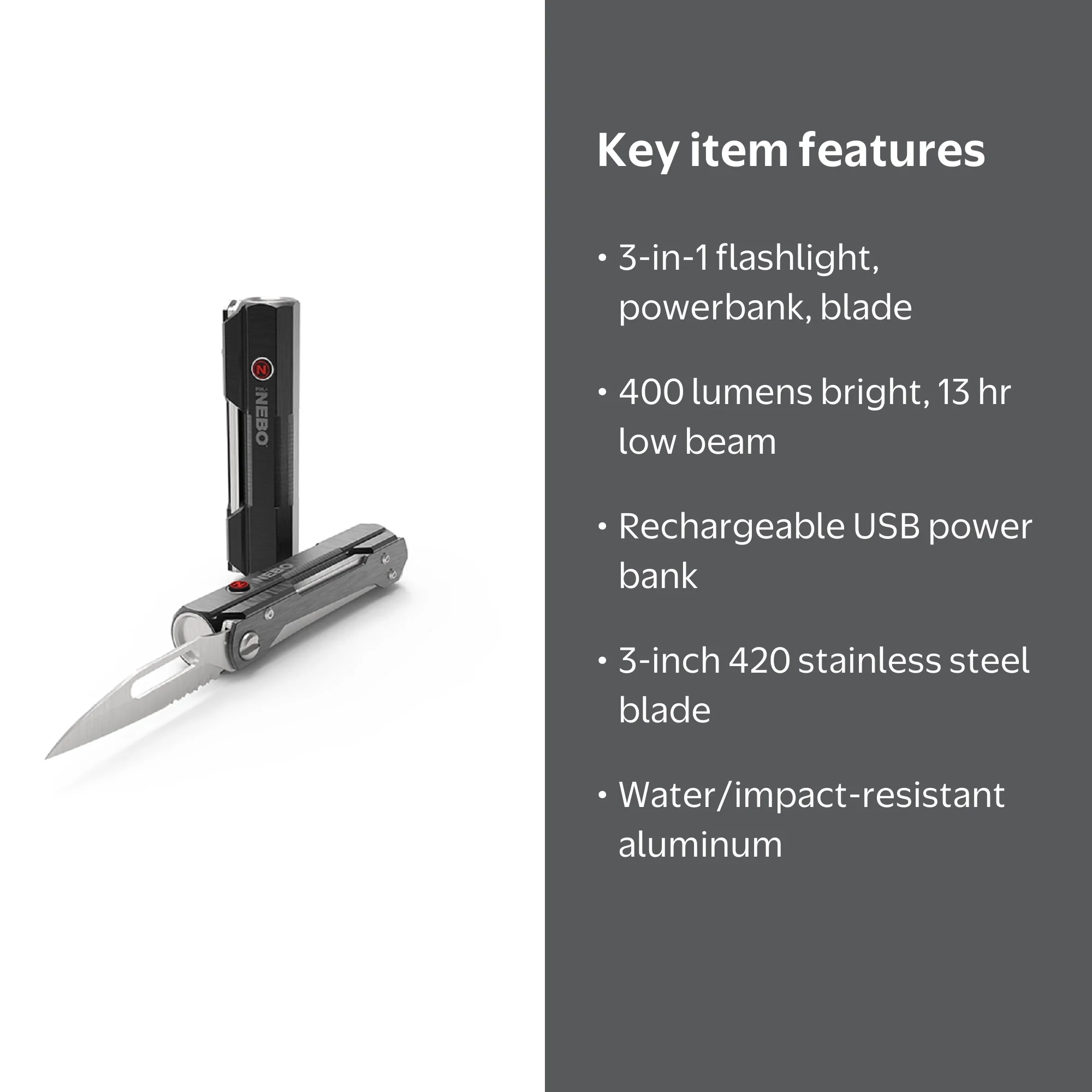 nebo 3 in 1 flashlight NEBO PAL+ 3-in-1 Power Bank, Folding Knife & 400 lm LED Flashlight in  Black/Silver