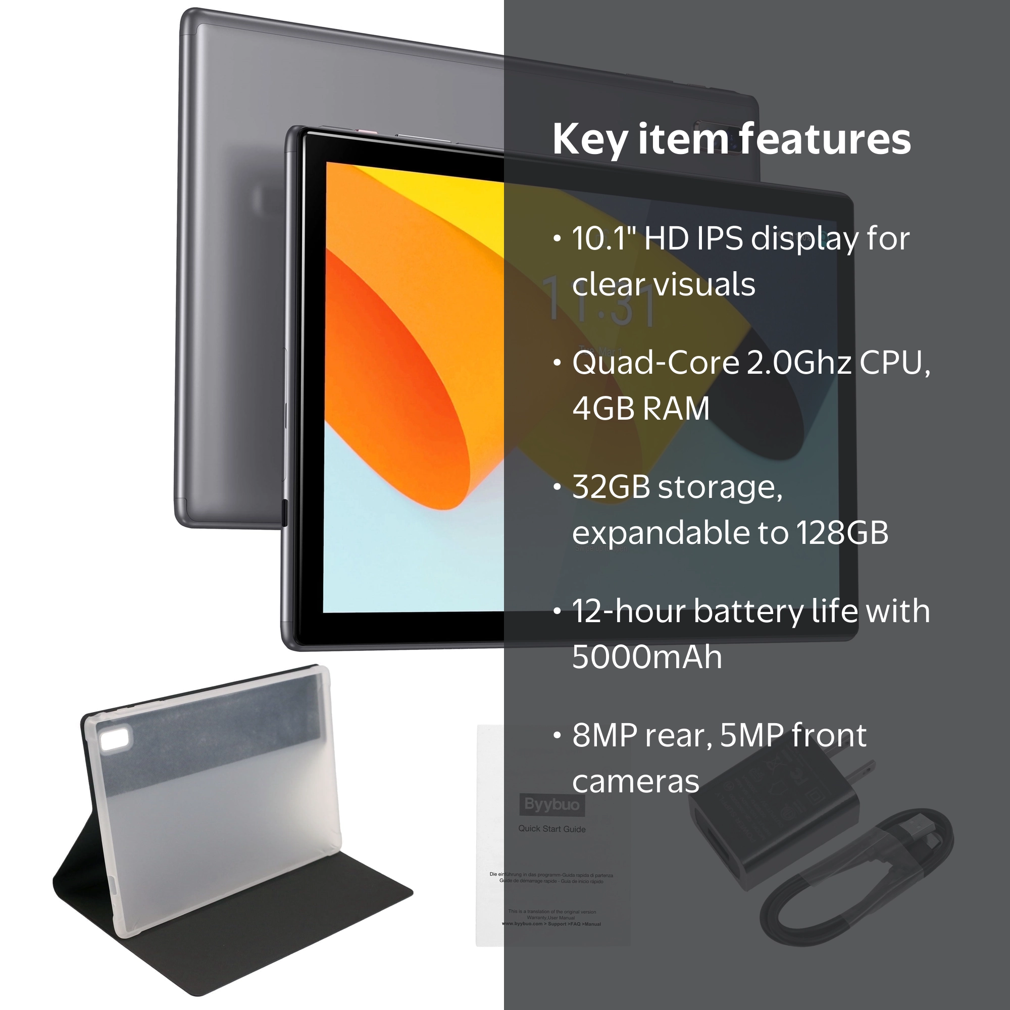 BYYBUO Tablet 10.1 inch with 4GB RAM, Cortex-A7 Quad-Core