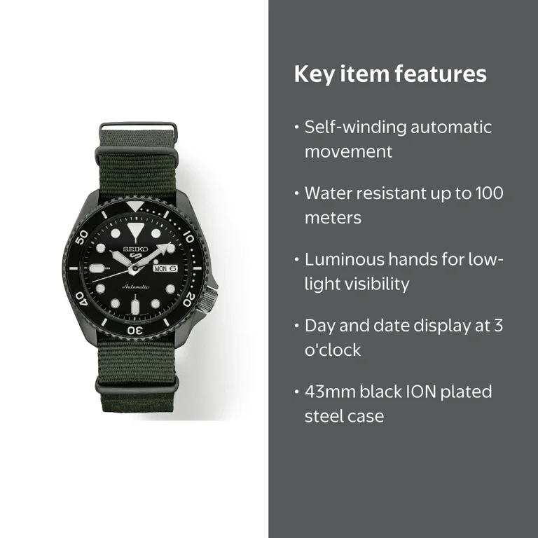 Seiko, Men's Automatic 5 Sports Green Nylon Strap Watch 42.5mm