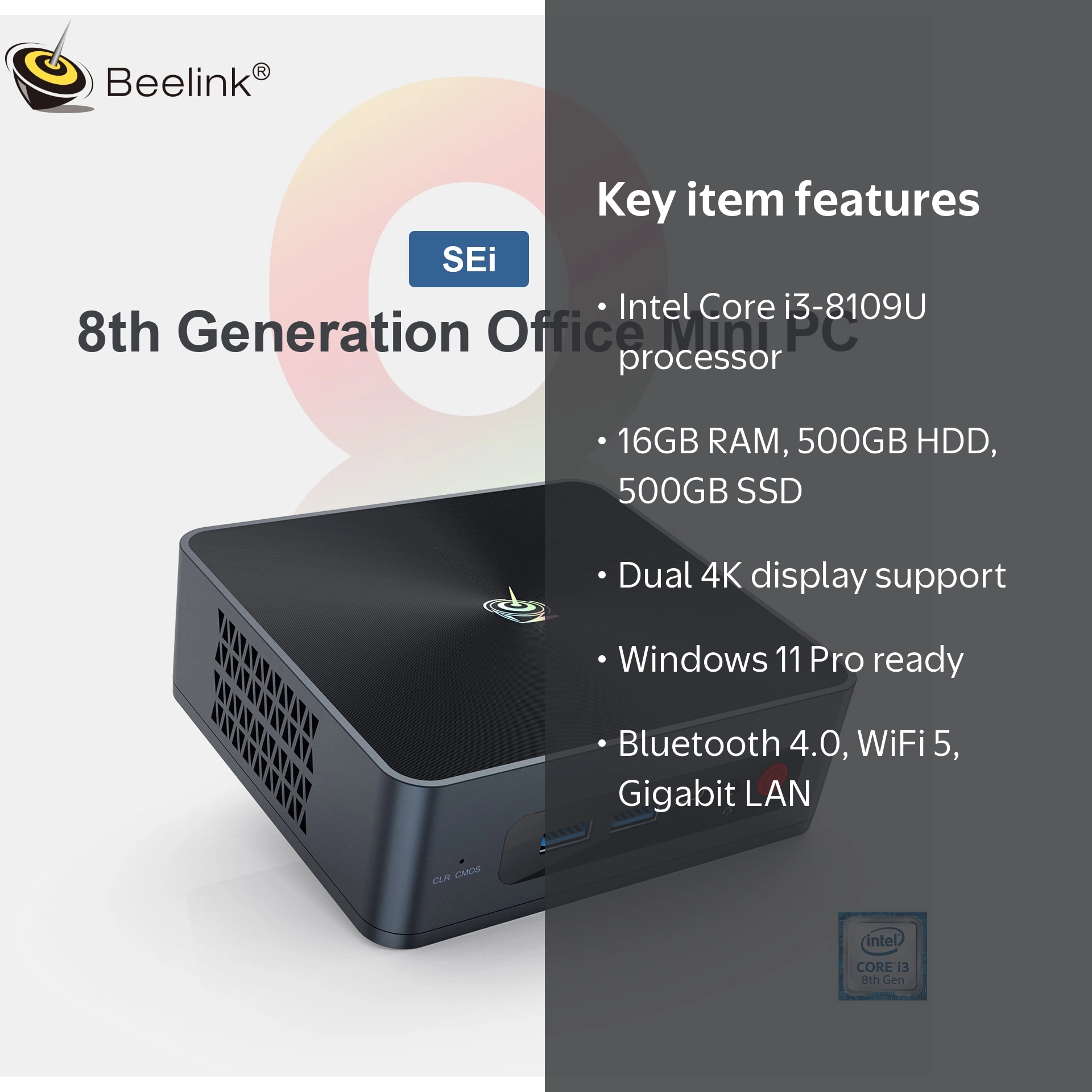Beelink Mini Desktop Computer, Intel Core i3, 16GB, 500GB HD