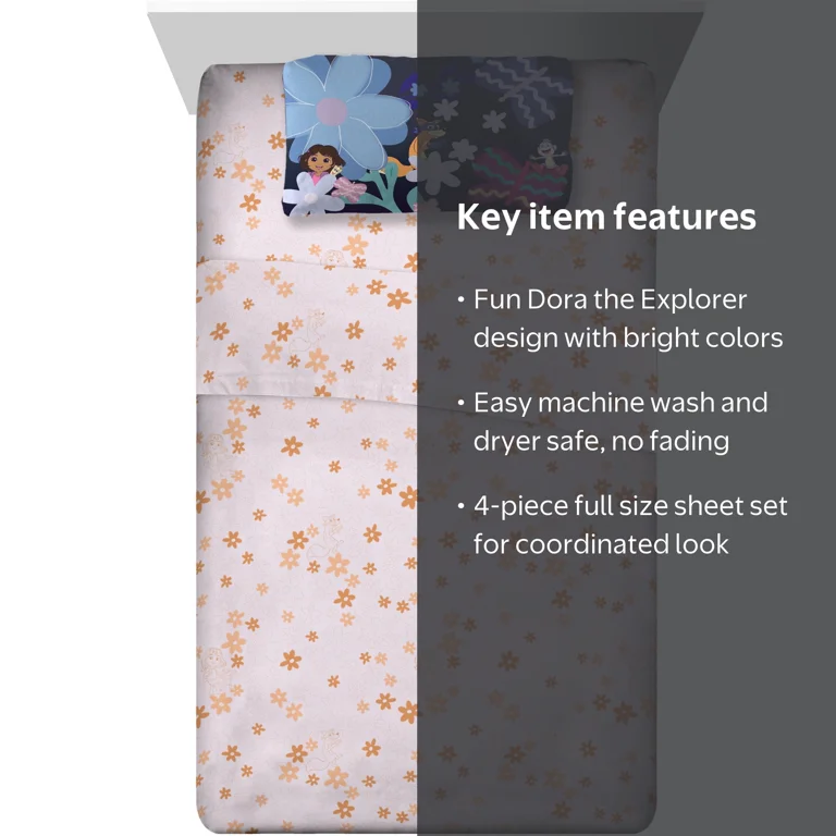 アメリカキャラクター　DORA シーツセット Dora Kids 4 Piece Pink Orange Floral Sheet Set, Full - Walmart.com