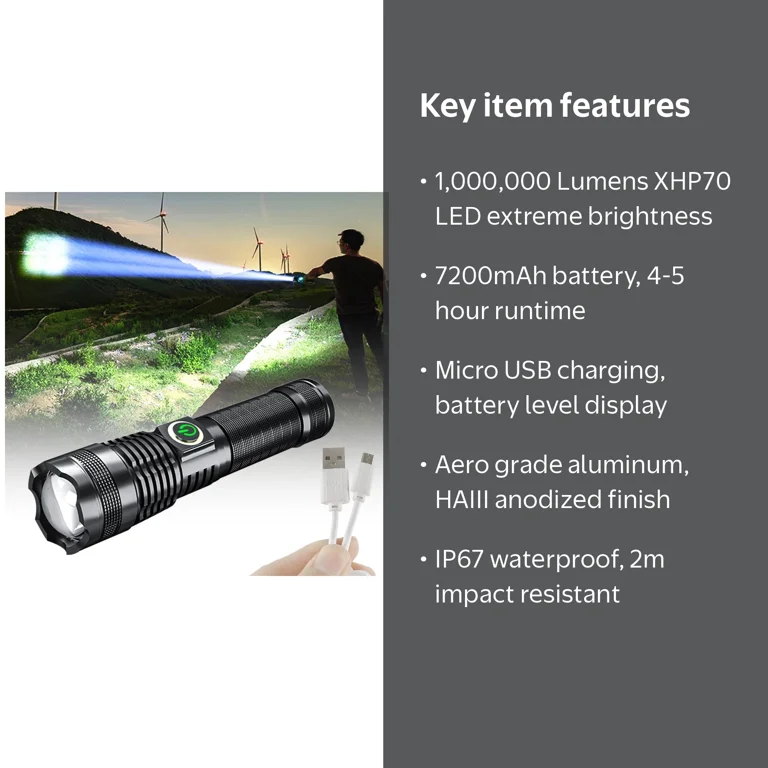 1000000 lumen flashlight rechargeable German Lumens Waterproof Spot Lights Convex lens Emitting Color 1000000 Lumens Super Bright LED