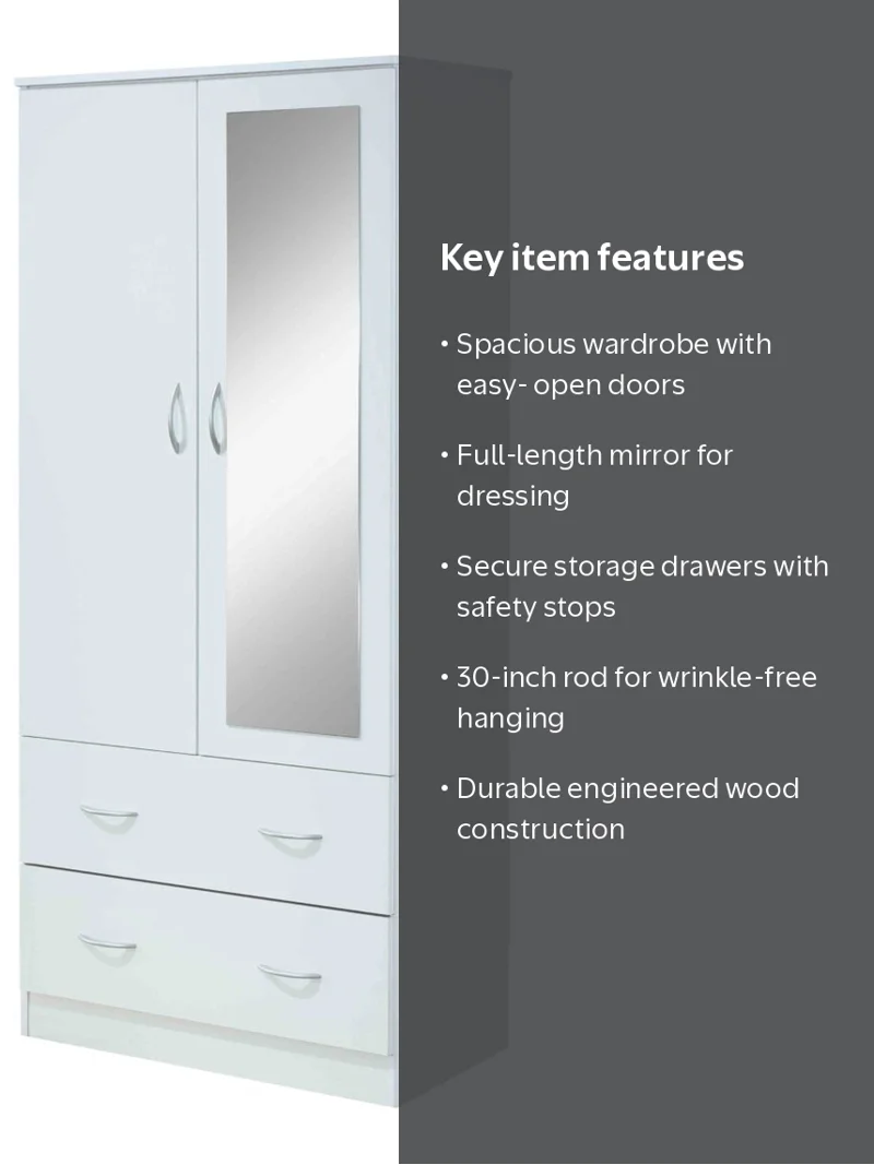Hodedah Two Door Wardrobe with Two Drawers and Hanging Rod plus