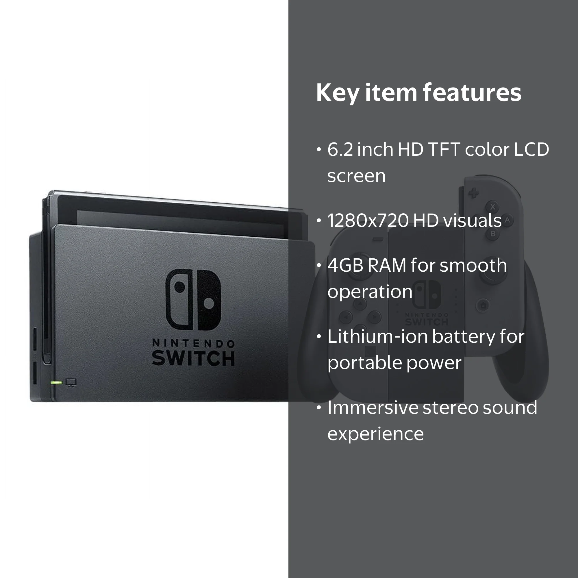 Nintendo Switch Console, Gray Joy-Con, Dock, HDMI Cable, and