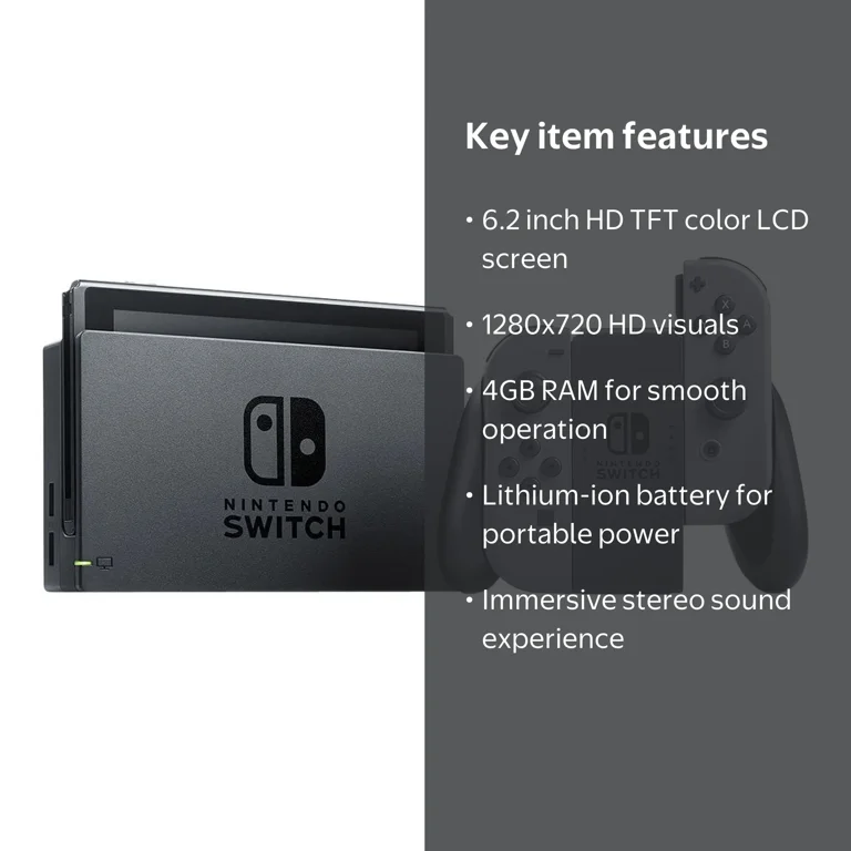 Nintendo Switch Console, Gray Joy-Con, Dock, HDMI Cable, and