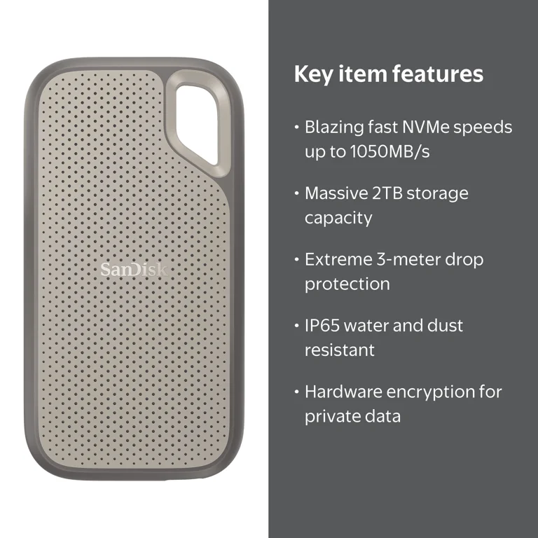 SanDisk 2TB Extreme External Portable SSD Up to 1050MB/s USB-C USB
