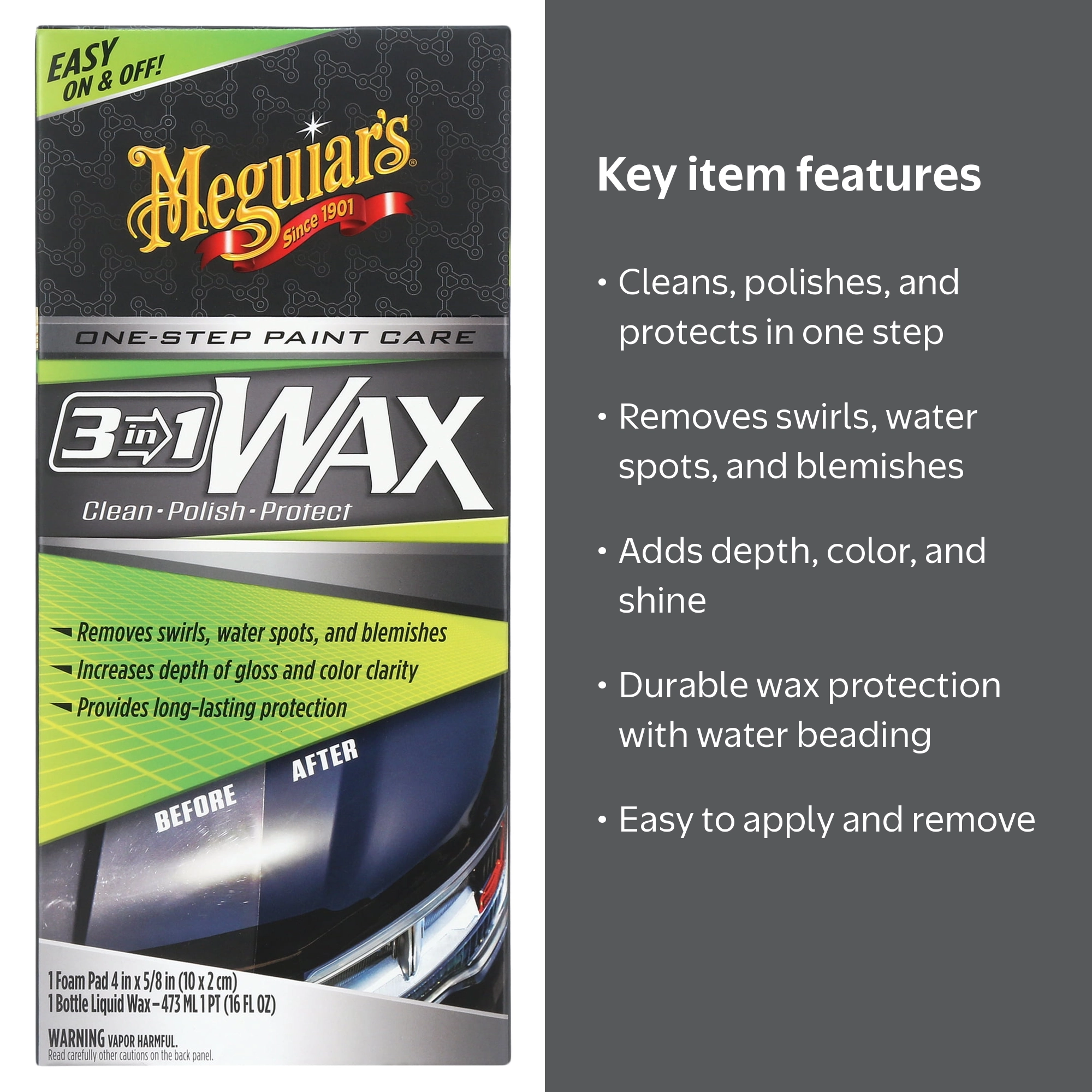 Meguiar's, 3-in-1 Wax, G191016, 16 Oz, Cleans Polishes & Protects