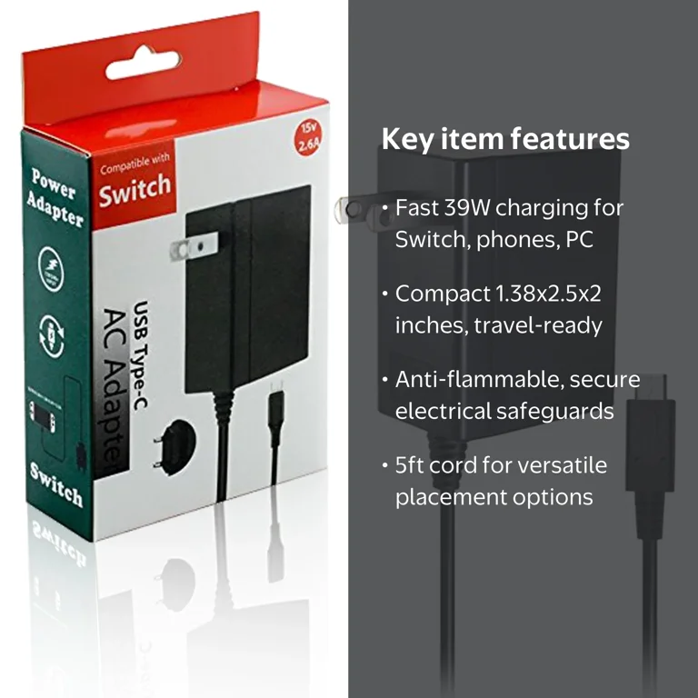 Nintendo Switch AC Adapter Charger Cable for Handheld, TV Mode