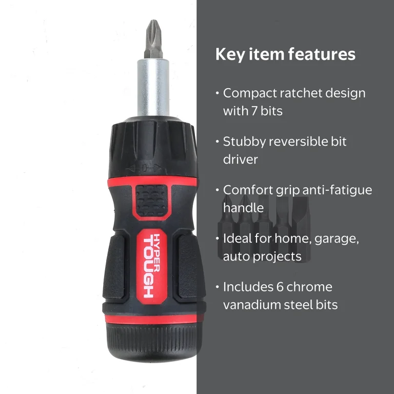 Hyper Tough 7 Piece Stubby Ratcheting Screwdriver Set with