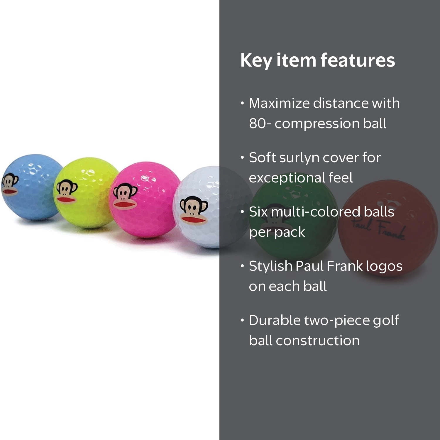 Paul Frank Golf Balls, Assorted Neon Colors, 6 Pack, 80