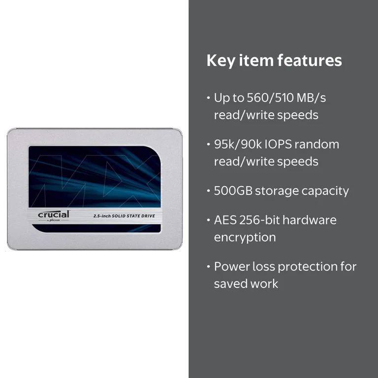 Crucial MX500 500GB Solid State Drive, SATA 2.5-inch 7mm Internal