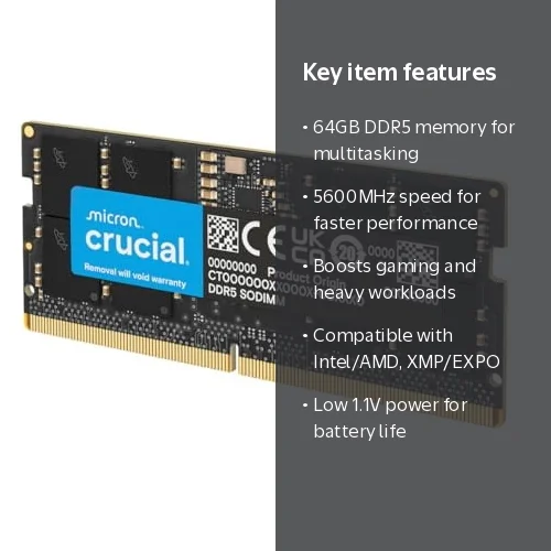 Crucial 64GB (2 x 32GB) DDR5-5600/PC5-44800 SDRAM - 5600 MHz