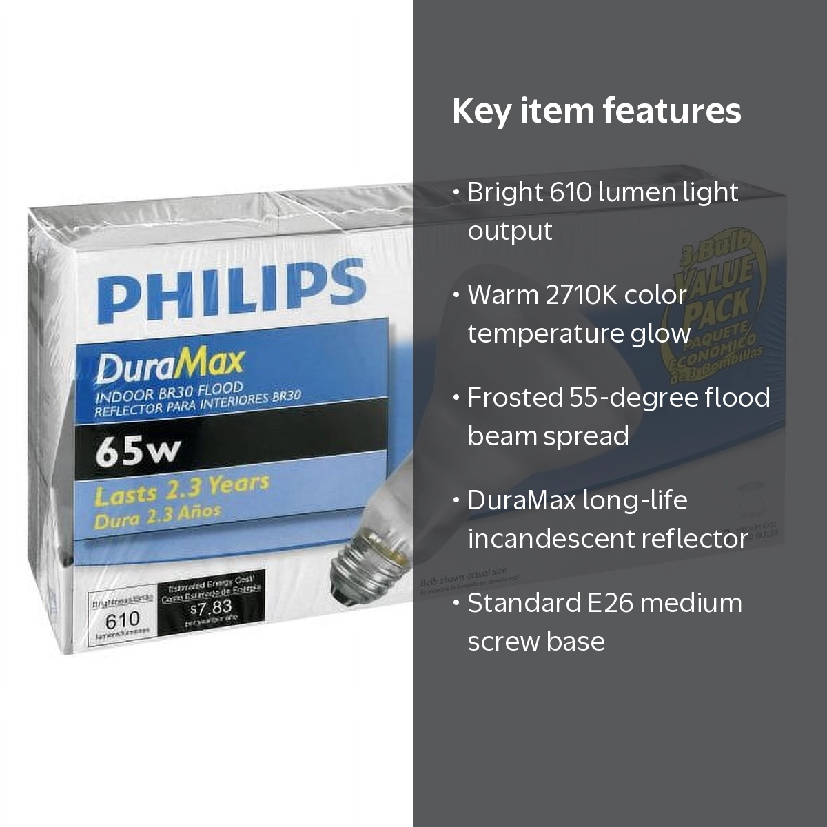 巨大フローライト　967g　送料無料 Philips 65W DuraMax Long Life BR30 Frosted Floodlight, Indoor