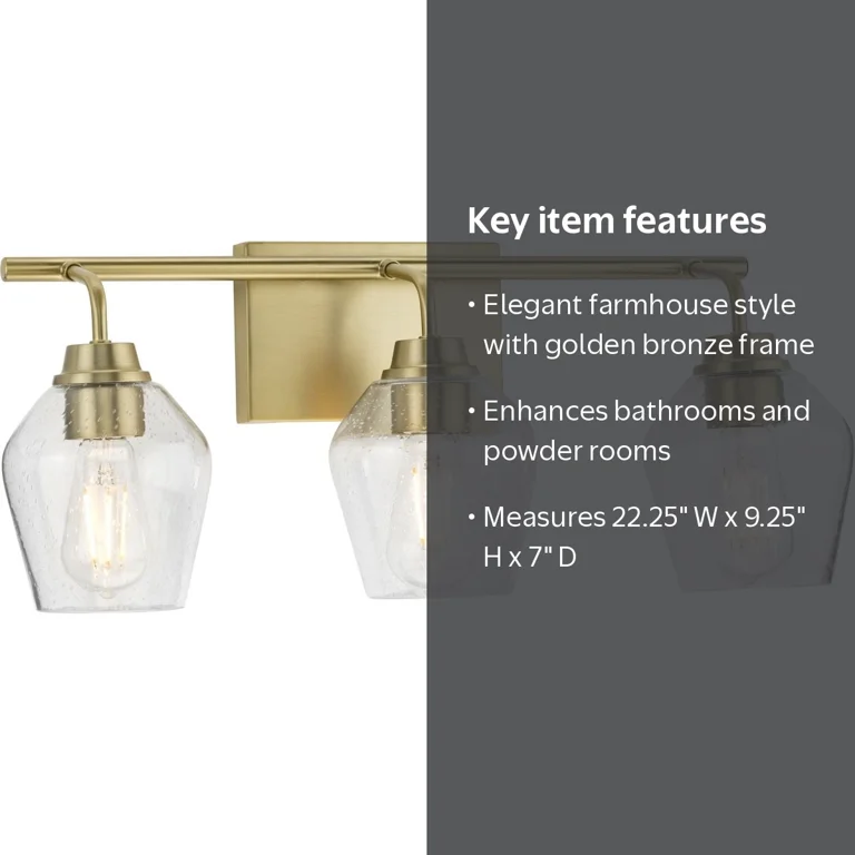 Champagne Bronze Bathroom Vanity Light Fixture – Traditional 3 Lights Wall Sconce, Large Opal Glass Shade, 22”W X 9.5”H, E26 Socket, Dimmable, For Bathroom, Hallway, Stairs