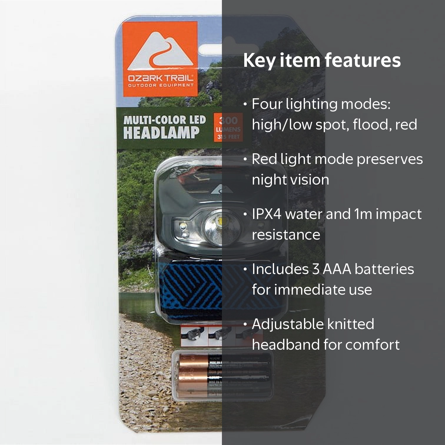 Ozark Trail LED Headlamp 300 Lumen Multi-Color, IPX4 Weather