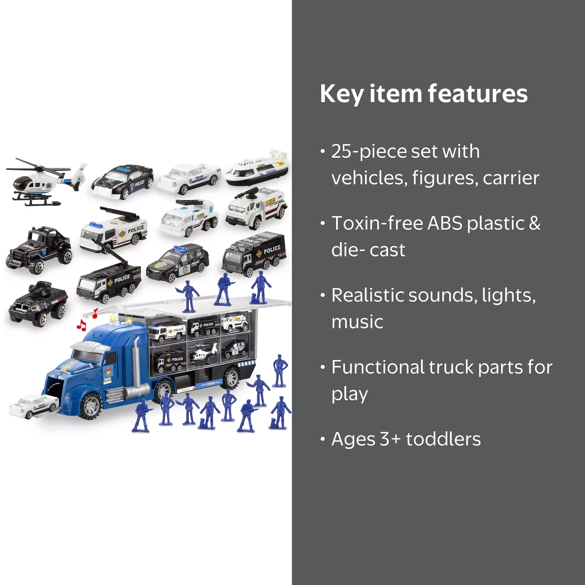 Joyfy 25 in 1 Die-cast Rescue Truck Toy Set with Sounds Lights for
