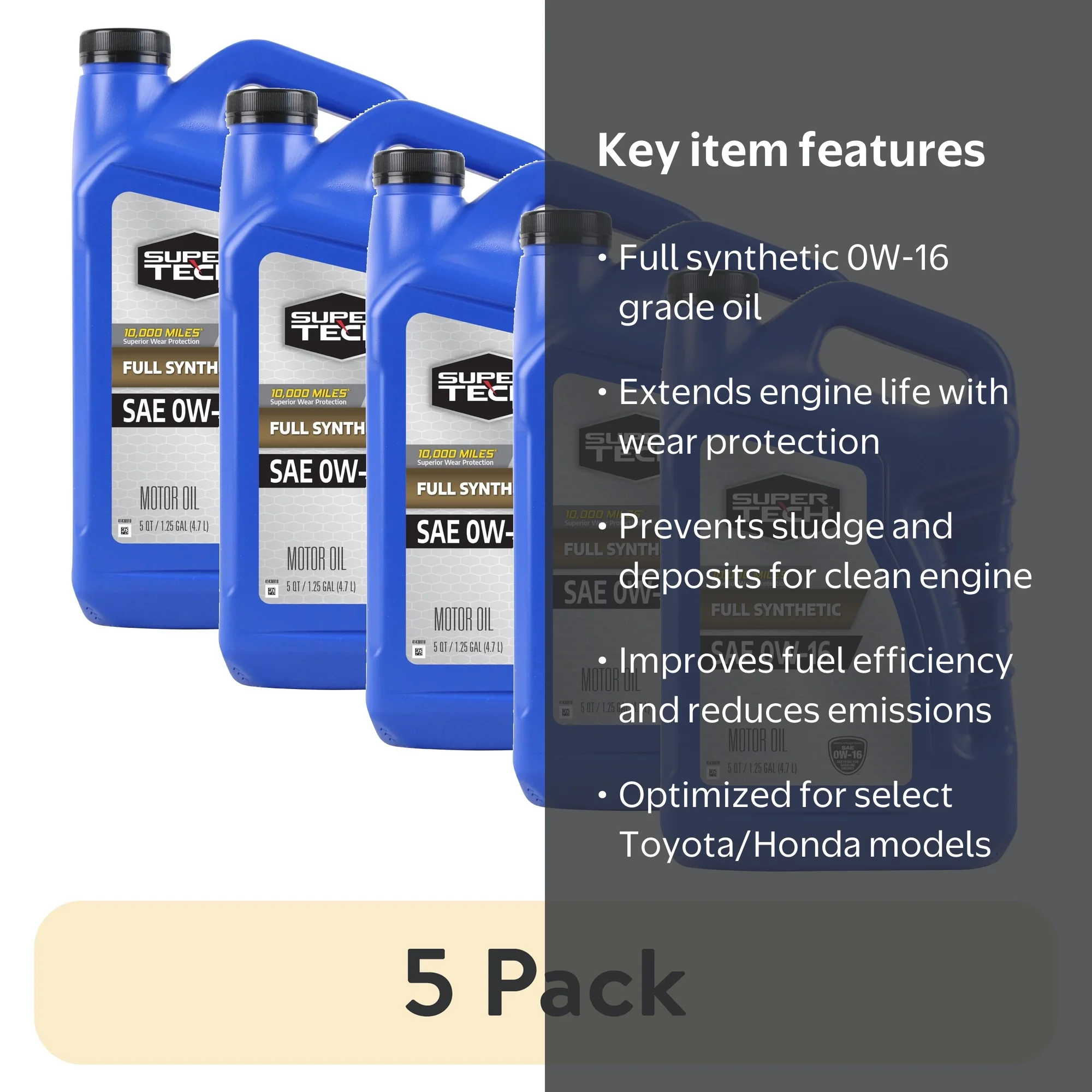 5 pack) Super Tech Full Synthetic SAE 0W-16 Motor Oil 5 Quarts