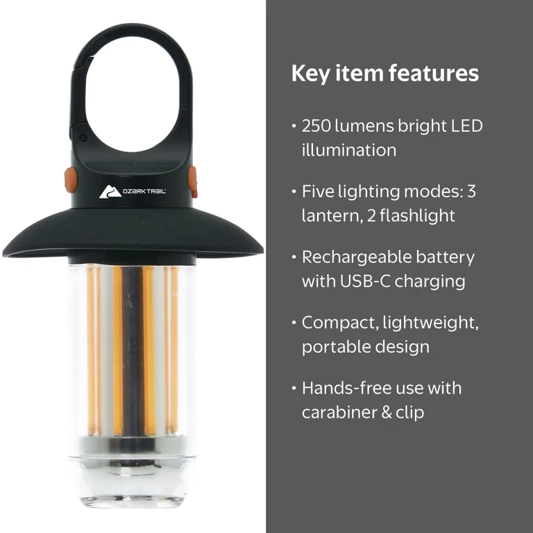 Ozark Trail Mini Filament Lantern, 250 Lumens, Rechargeable, Multi