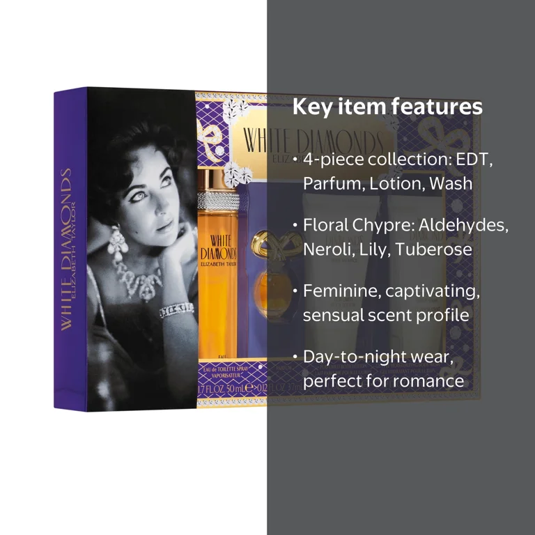 Elizabeth Taylor White Diamonds 4 Piece Fragrance Gift Set, 1.7 fl