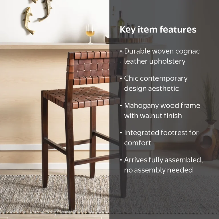 SAFAVIEH Paxton Upholstered Woven Leather Barstool with Footrest