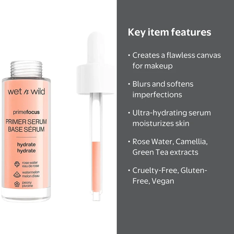 wet n wild Prime Focus Hydrating Primer Serum 1.0 fl oz, Water