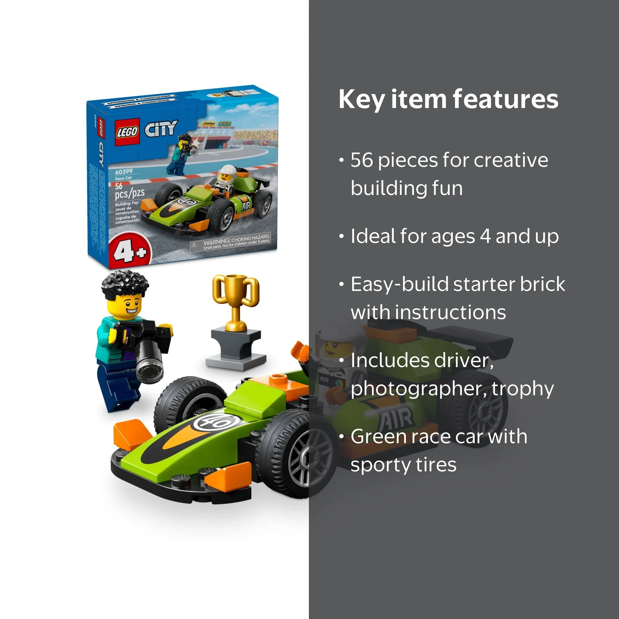 LEGO City Green Race Car Toy, 60399, 56 Pieces, Includes