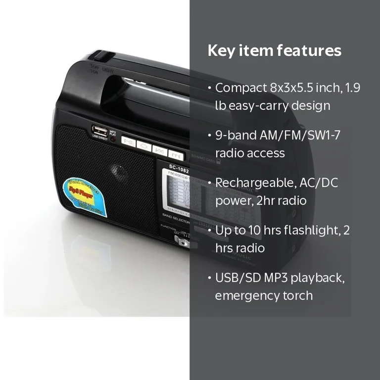 Supersonic Rechargeable AM/FM/SW1-7 9 Band Portable Radio with MP3