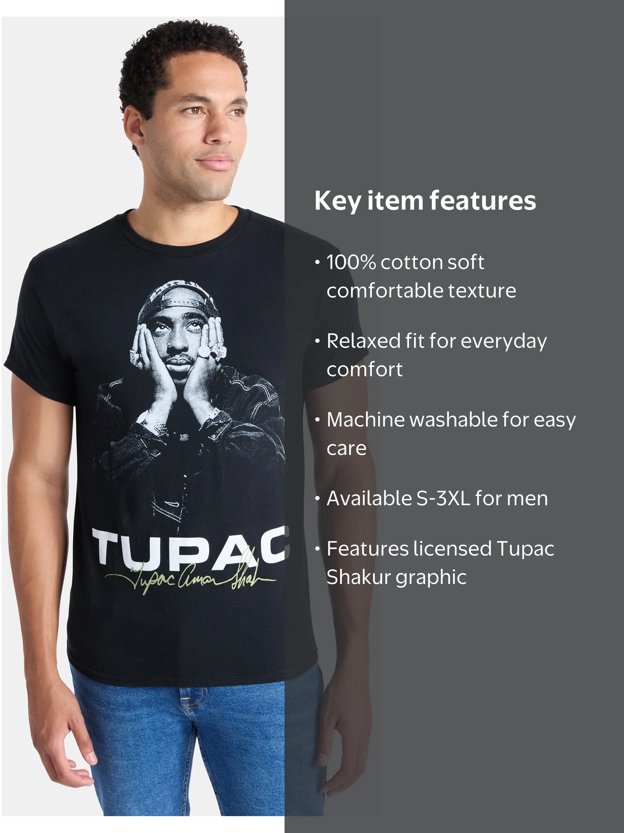 2Pac Men's and Big Men's Tupac Shakur Signature Cotton Graphic Tee