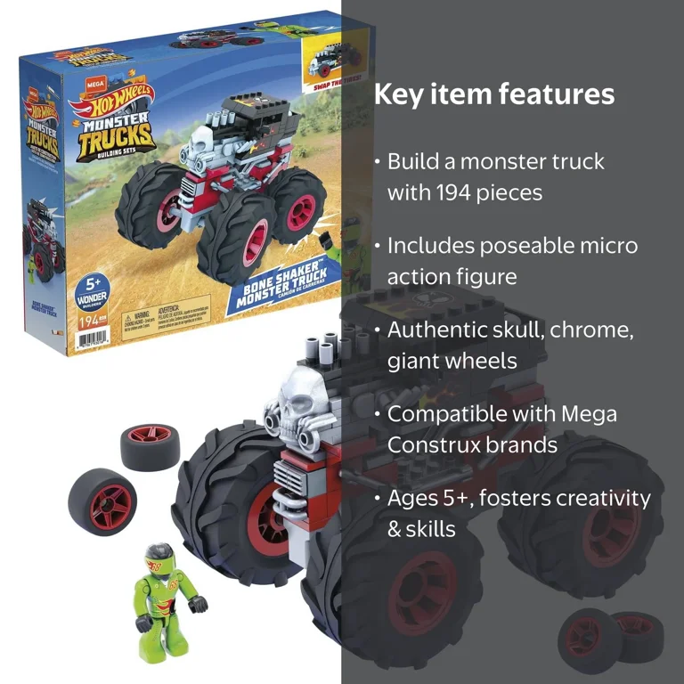 ミニカー MEGA hotwheels building set BONE SHAKER MEGA Hot Wheels Monster Trucks Building Toy Bone Shaker with 1